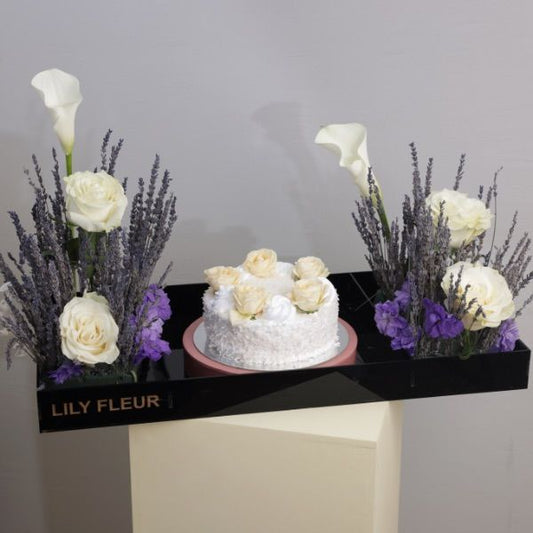 Black Tray Fresh Flowers & Cake